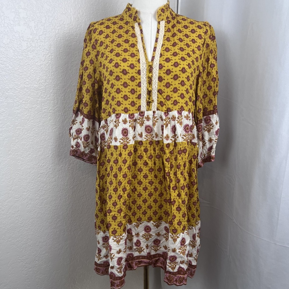 Umgee Mini‎ Dress Womens Medium Yellow Floral Babydoll Boho Peasant Cottagecore